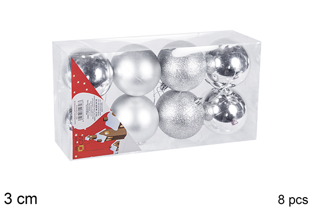 Pack 8 bolas plata brillo/mate/purpurina 3 cm