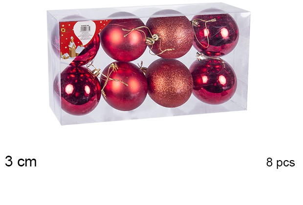 Pack 8 bolas rojo brillo/mate/purpurina 3 cm