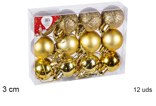 Pack 12 bolas oro brillo/mate/purpurina 3 cm