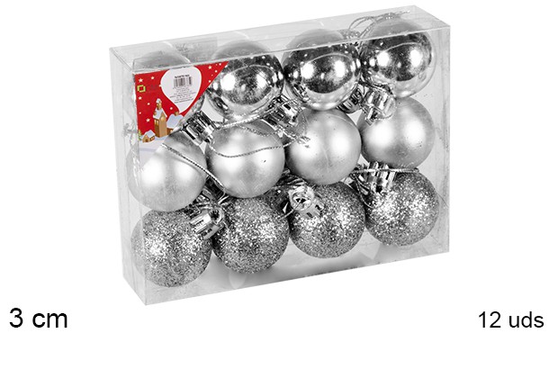 Pack 12 boules argentées brillantes/mates/à paillettes 3 cm