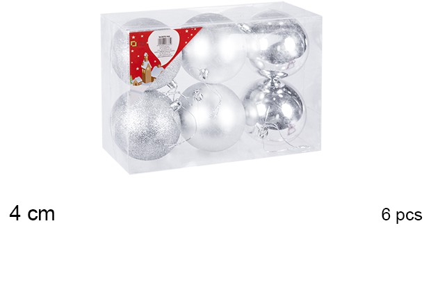 Pack 6 palline argento lucide/opache/glitterate 4 cm