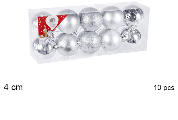 Pack 10 shiny/matte/glitter silver bauble 4 cm