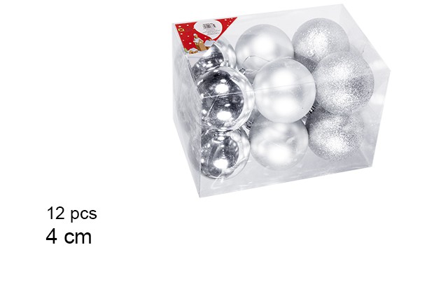 Pack 12 bolas prata brilhantes/foscas/glitter 4 cm
