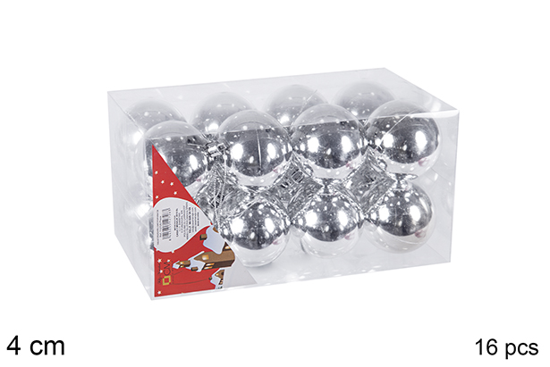 Pack 16 bolas plata brillo 4 cm