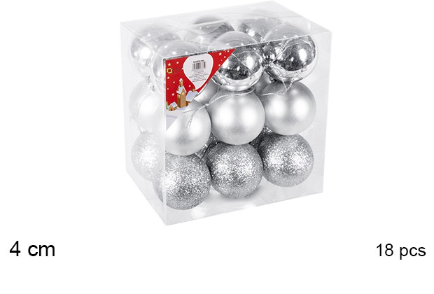 Pack 18 bolas prata brilhantes/foscas/glitter 4 cm