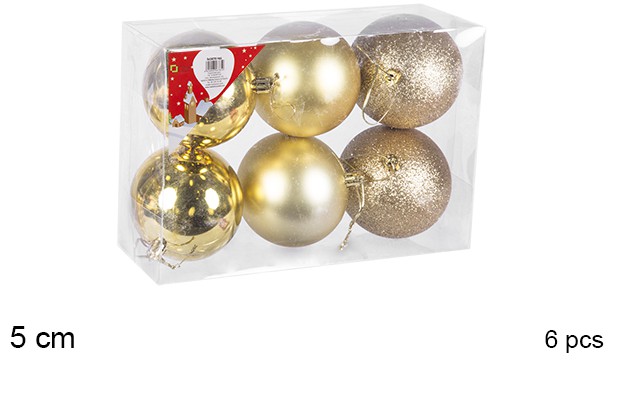 Pack 6 bolas brilhantes/fosas/glitter ouro 5 cm