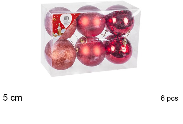 Pack 6 bolas rojo brillo/mate/purpurina 5 cm