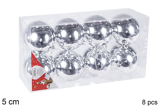 Pack 8 bolas plata brillo 5 cm