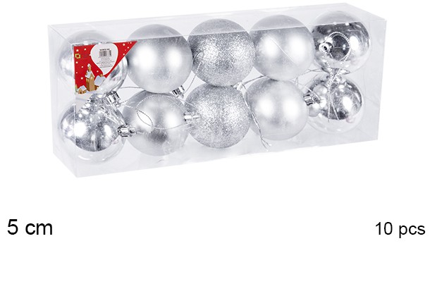 Pack 10 shiny/matte/glitter silver bauble 5 cm