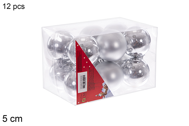 Pack 12 shiny/ matte silver bauble 5 cm
