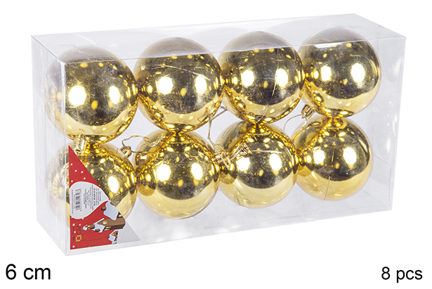 Pack 8 gold shiny bauble 6 cm