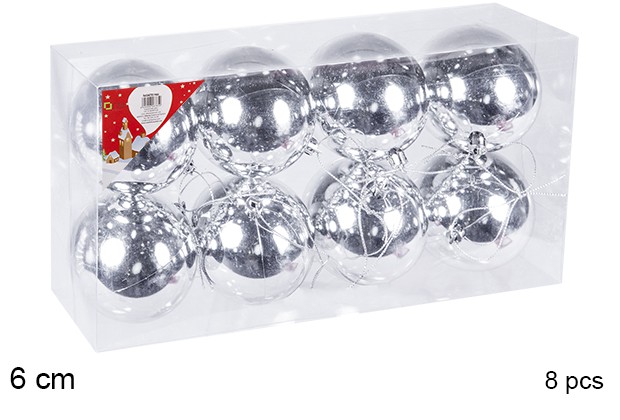 Pack 8 bolas prata brilhantes 6 cm
