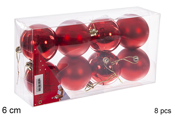 Pack 8 red shiny/matte bauble 6 cm