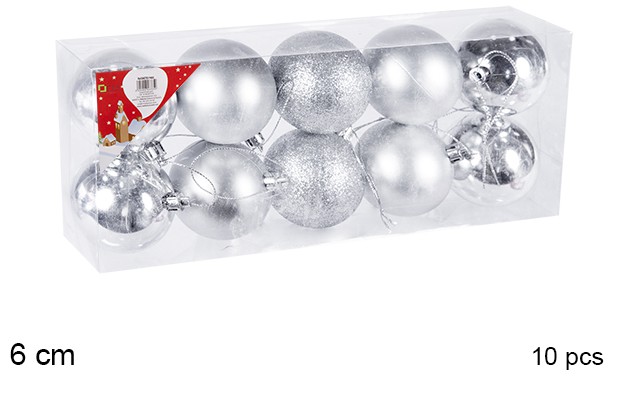 Pack 10 bolas prata brilhantes/foscas/glitter 6 cm