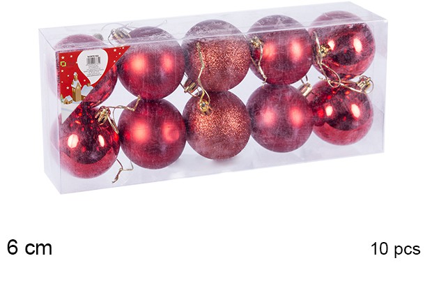 Pack 10 shiny/matte/glitter red bauble 6 cm