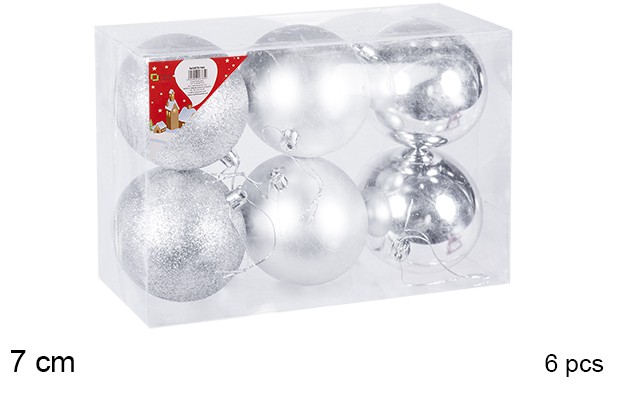 Pack 6 palline argento lucide/opache/glitterate 7 cm