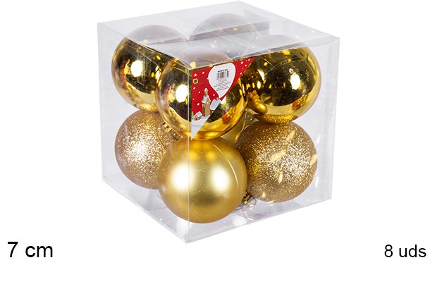 Pack 8 bolas oro brillo/mate/purpurina 7 cm