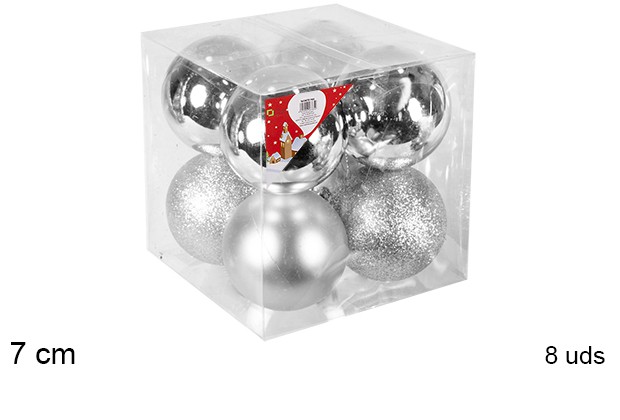 Pack 8 bolas plata brillo/mate/purpurina 7 cm
