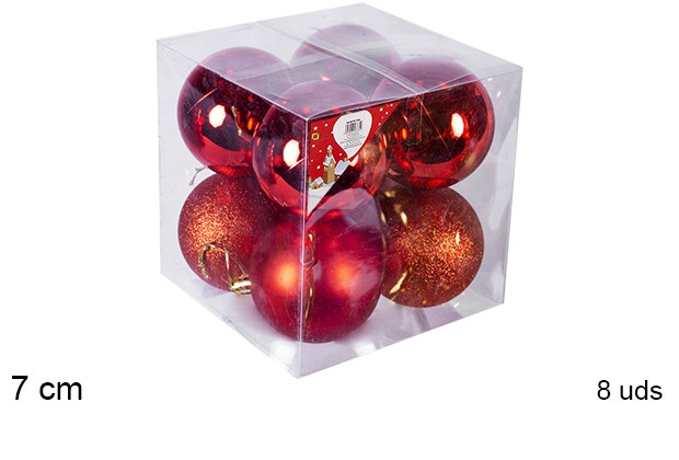 Pack 8 bolas rojo brillo/mate/purpurina 7 cm