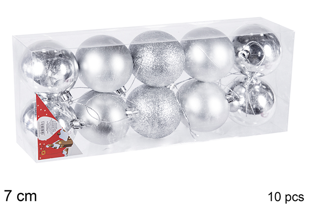 Pack 10 boules argentées brillantes/mates/à paillettes 7 cm