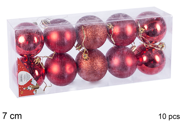 Pack 10 bolas rojo brillo/mate/purpurina 7 cm