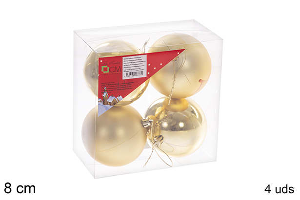 Pack 4 bolas ouro brilhantes/foscas  8 cm