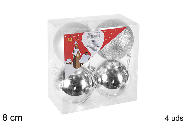 Pack 4 boules argentées brillantes/mates/à pailllettes 8 cm