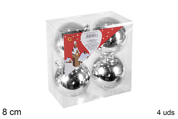Pack 4 bolas prata brilhantes 8 cm