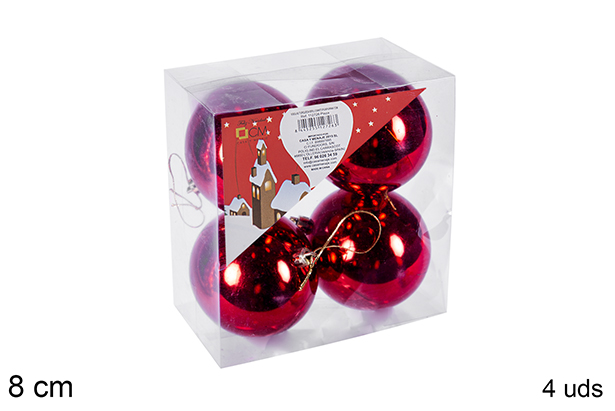 Pack 4 boules brillantes rouges 8 cm