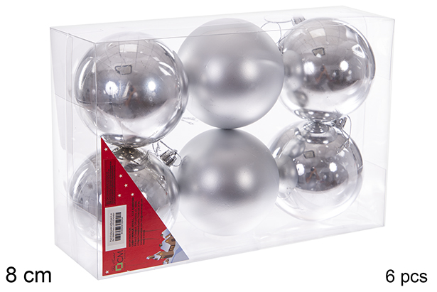 Pack 6 silver shiny/matte bauble 8 cm
