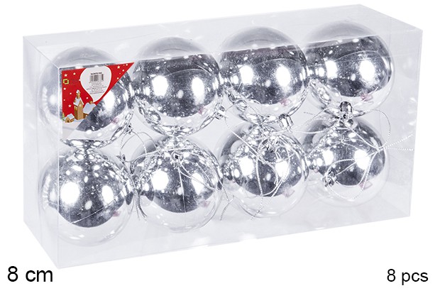 Pack 8 silver shiny bauble 8 cm