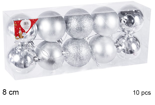 Pack 10 bolas prata brilhantes/foscas/glitter 8 cm