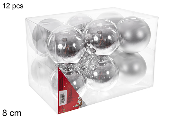 Pack 12 shiny/ matte silver bauble 8 cm