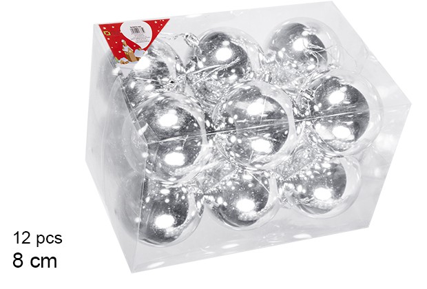 Pack 12 bolas plata brillo 8 cm