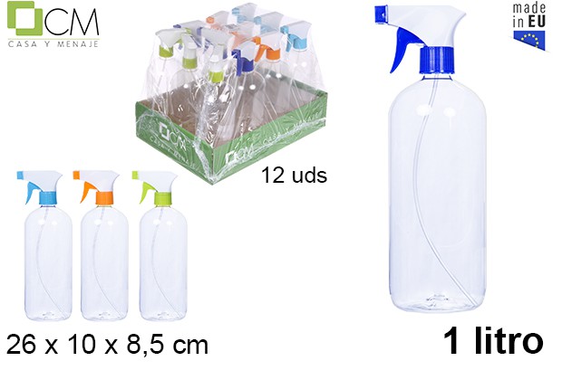 Botella plástico redonda  con pulverizador 1 l.