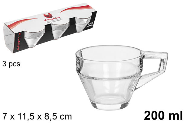 Pack of 3 glass coffee cups with handle 200 ml