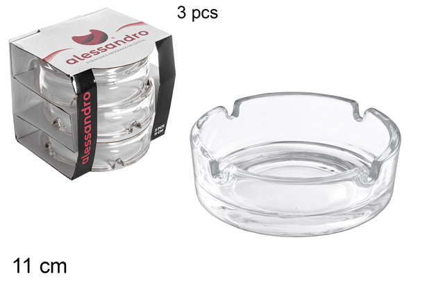 Pack 3 round glass ashtrays 11 cm