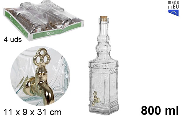 Botella cristal cuadrada natural con grifo tapón corcho 800 ml