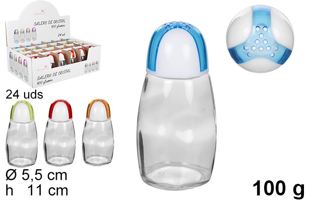 [105445] Salière en verre avec couvercle couleurs assorties 100 grammes