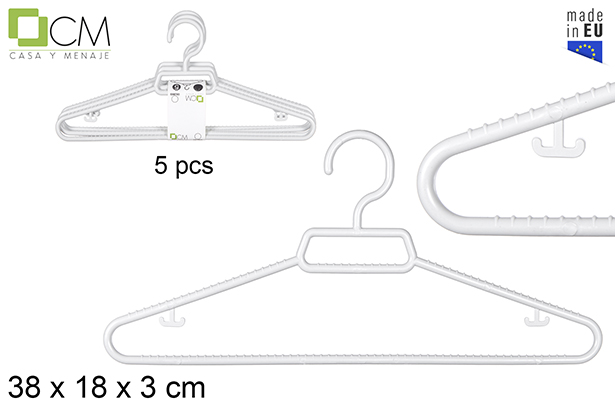 Pack 5 cabides de plástico branco 38x18 cm