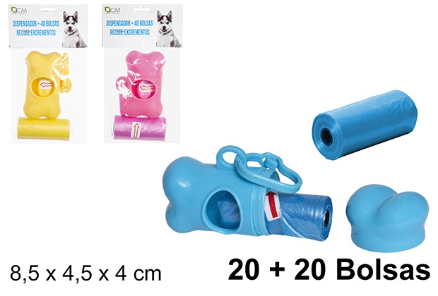Dog waste bags + dispenser assorted colors 20+20