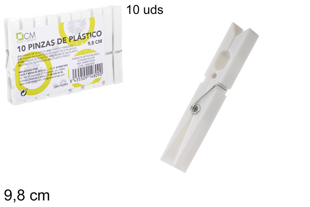 Pack 10 pinzas plástico blancas 9,8 cm