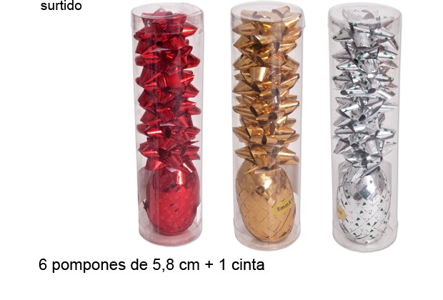 Pack 6 lazos y bobina brillo colores surtidos 5,8 cm