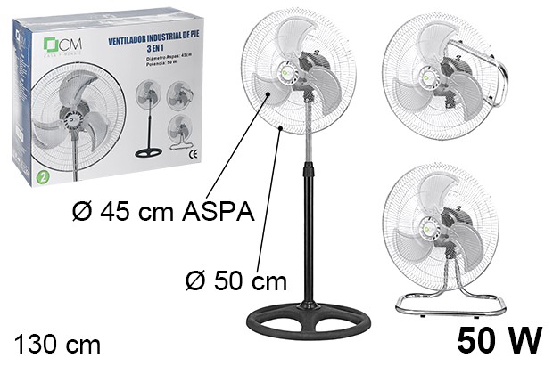 3-in-1 industrial standing fan 50 W 45 cm