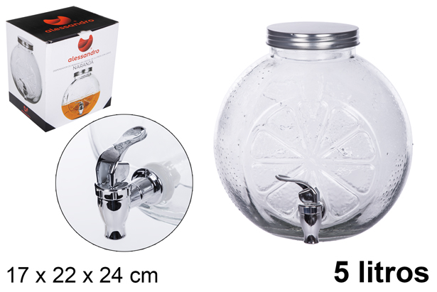[107942] Bote cristal naranja dispensador bebidas con grifo 5 litros