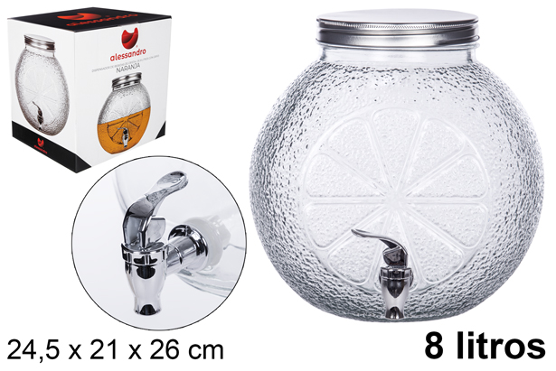 Bote cristal naranja dispensador bebidas con grifo 8 litros
