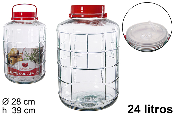 Bocal en verre avec anse rouge, 24 litres