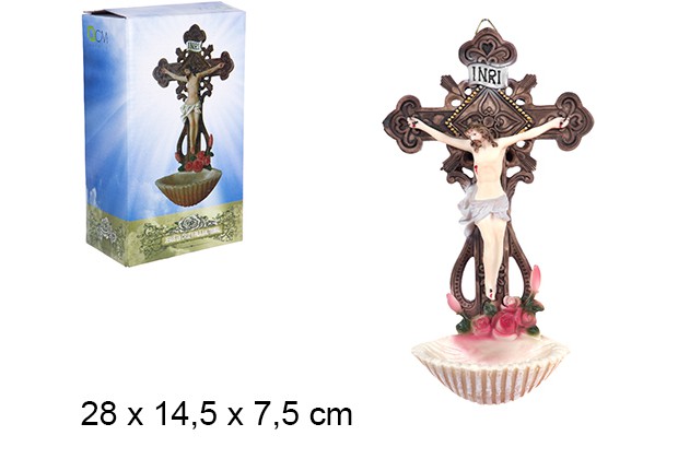Jésus sur croix et fonts baptismaux 28 cm