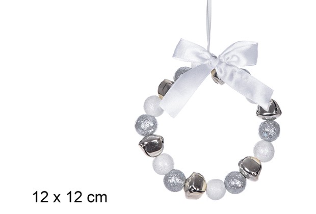 Corona in metallo jingle bell argento/bianco glitterata 12 cm