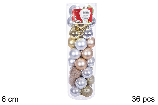 Pack 36 boules dorées/argentées/ivoire/champagne cylindre 6 cm